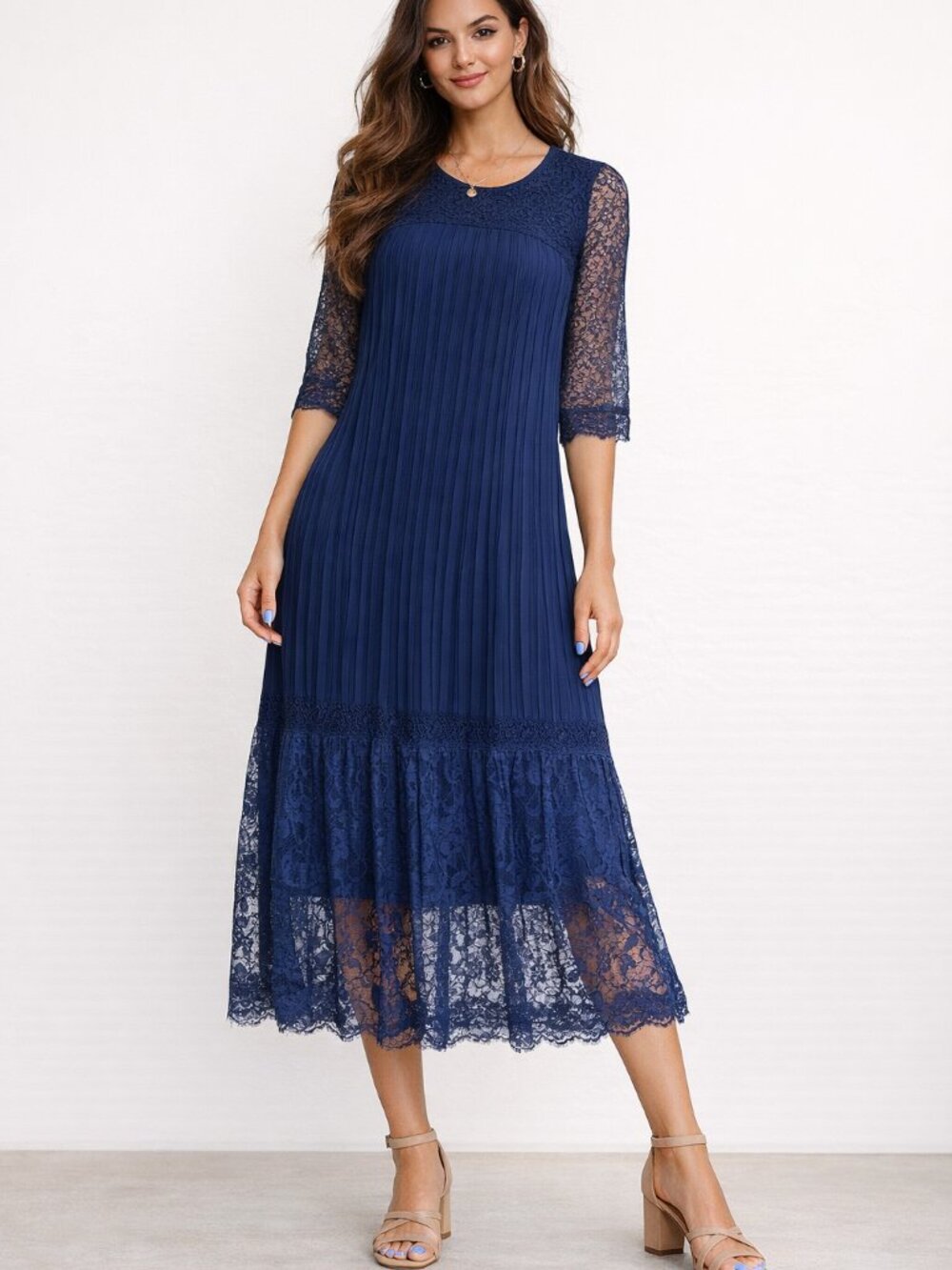 Elegantly pleated lace navy blue midi summer dress